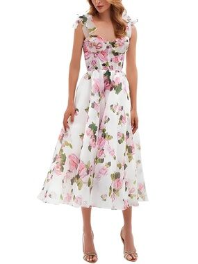 Sweetheart Floral Midi Dress in White and Pink